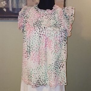 DKNY Pink & Mint Dot Smocked Flutter Sleeve Blouse